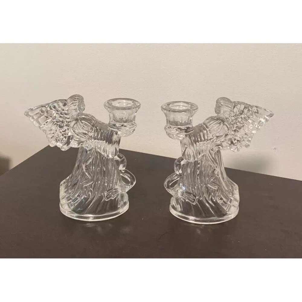 Mikasa Clear Glass Vintage Christmas Rejoice Angel Candle stick holders set of 2